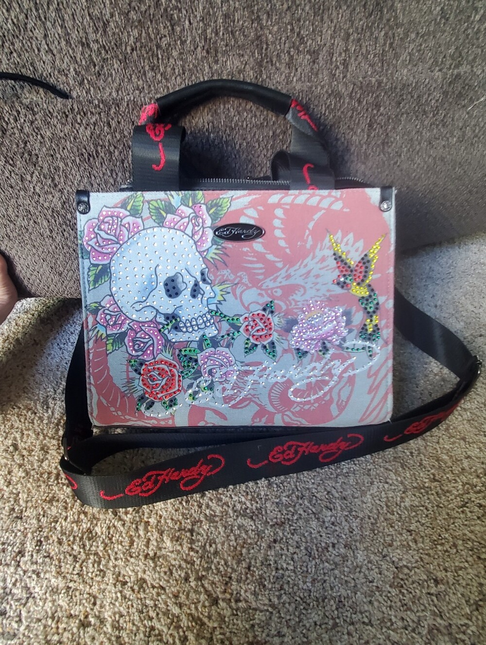 Ed Hardy Pink Rose Skull Box Crossbody Bag with Black Strap